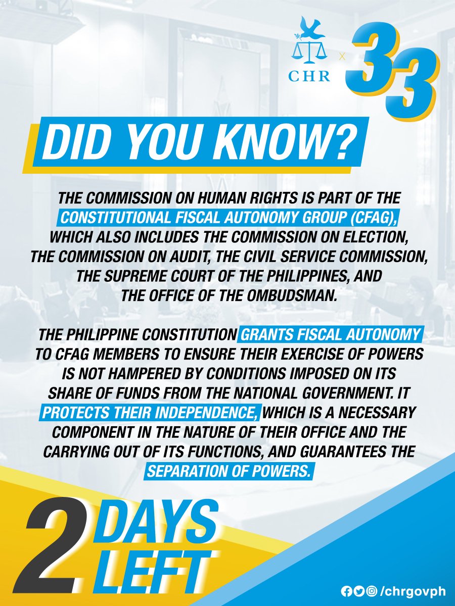 chrgovph's tweet photo. Alam mo bang ang Saligang Batas (1987) ang nagtakda na ang CHR ay isang independent national human rights institution? Mandato ng CHR ang maging watchdog laban sa mga human rights violation, lalo na ng gobyerno bilang may pangunahing obligasyon itaguyod ang karapatan ng lahat. https://t.co/3huO2GiZkx