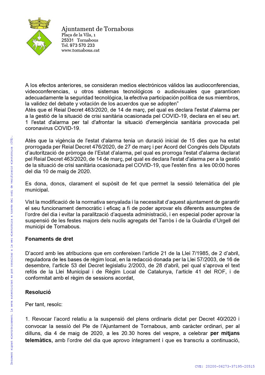 Tornabous's tweet photo. #quèfemMTb | Sessió ordinària del Ple de l'Ajuntament

📅 4 de maig
🕗 20.30 hores
🖥️ Segueix-lo en directe, amb Zoom a https://t.co/SjuPO6Xcjl
#MunicipideTornabous #PleMTb

Adjunt, pots consultar el decret d'alcaldia de convocatòria i l'ordre del dia. Us hi esperem a totes! https://t.co/lWkF5uL56a