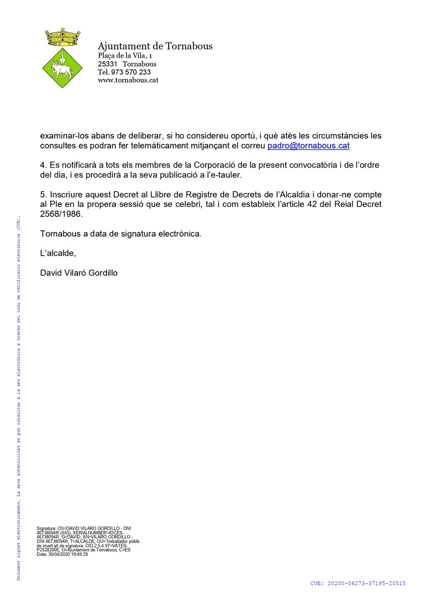 Tornabous's tweet photo. #quèfemMTb | Sessió ordinària del Ple de l'Ajuntament

📅 4 de maig
🕗 20.30 hores
🖥️ Segueix-lo en directe, amb Zoom a https://t.co/SjuPO6Xcjl
#MunicipideTornabous #PleMTb

Adjunt, pots consultar el decret d'alcaldia de convocatòria i l'ordre del dia. Us hi esperem a totes! https://t.co/lWkF5uL56a