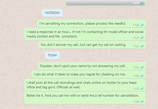 msughal's tweet photo. @airtelindia @AirtelRwCares @airtelnews considering de situation sme of ur emps r faking promises nd collect money 4 new connections,below is a gist of the response. I dont want to post his pic, name and number in a social platform considering his privacy. please take act https://t.co/w4djsxThy9