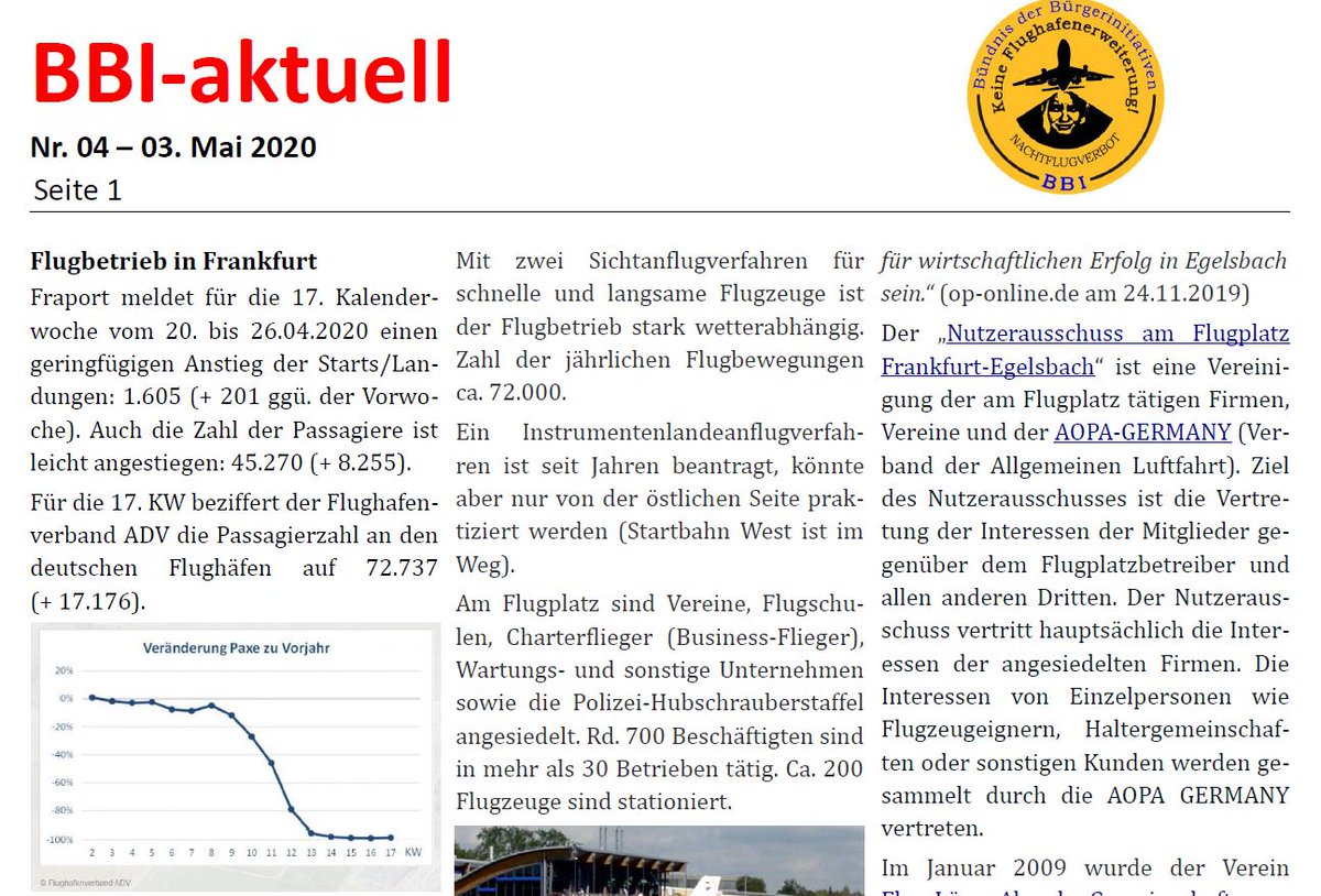 SchefflerBBI's tweet photo. BBI-aktuell Ausgabe 04 gerade erschienen. Themen: Flugbetrieb in Frankfurt, Wissenswertes über den Flugplatz Egelsbach sowie die Forderungen der Bundesvereinigung und des BUND. https://t.co/m2ZGTgajcL #fluglärm #staygrounded https://t.co/6m4jFmdZpi