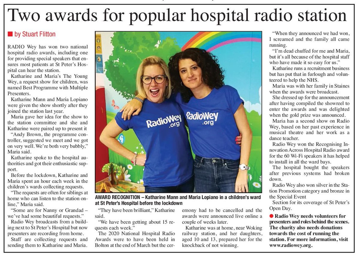 radiowey's tweet photo. Sharing our news of the #HospitalRadio awards in the local paper - Gold for @marialopiano and Katharine - thanks to @Woking_NewsMail  - a total of four awards for us @asphft #hbauk2020 https://t.co/n6Opo0iQ5D