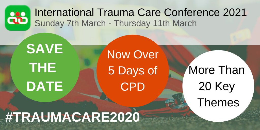 TraumaCareUK's tweet photo. SAVE THE DATE! (7th 11th March 2021)
Here at Trauma Care, we have been busy planning the 2021 Conference. It's set to be even bigger and better... with an additional day and more key themes to look forward to! Watch out for more sneak peaks...

#TRAUMACARE2020 @keithporter999 https://t.co/p7eD68k7aH