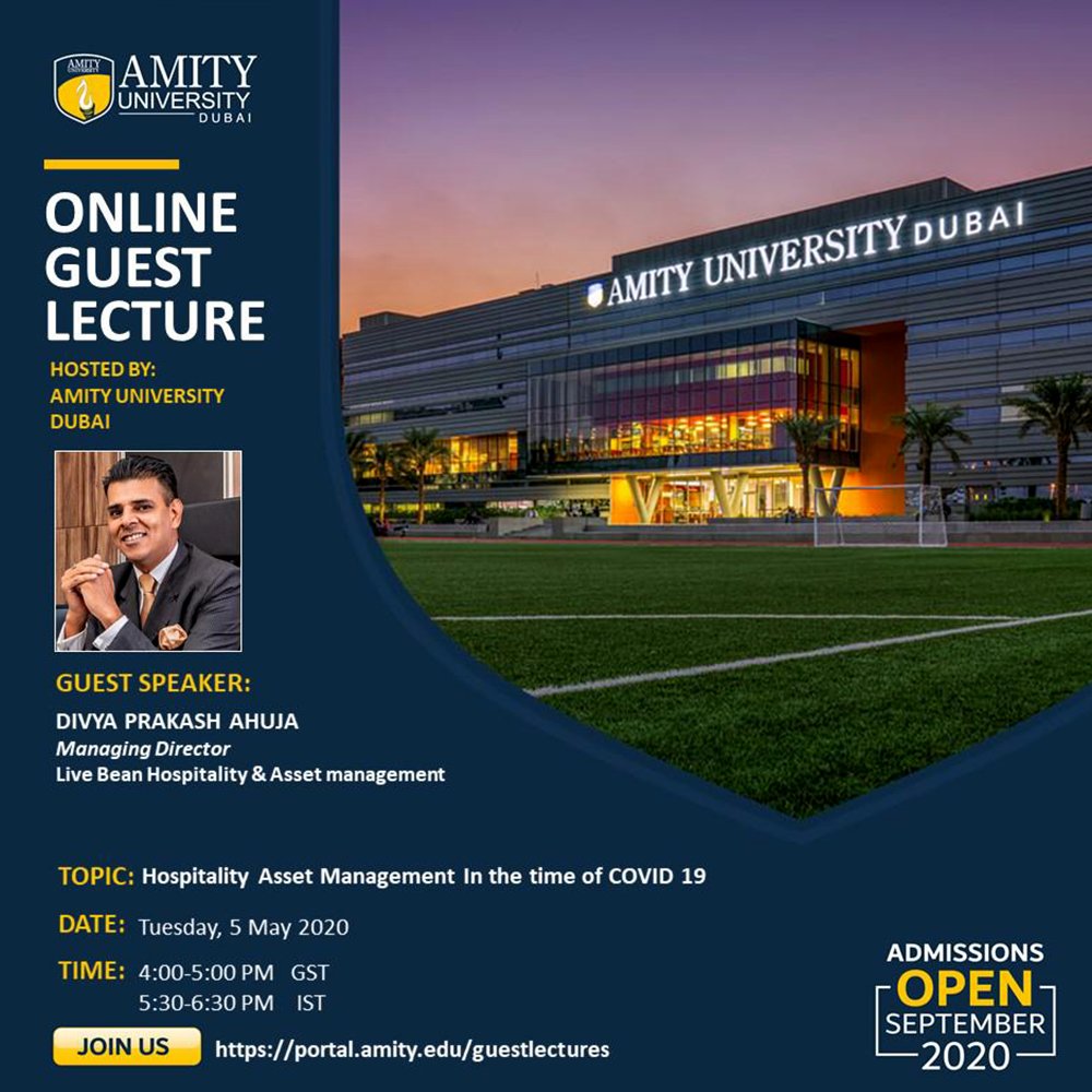 LiveBeanConslt's tweet photo. Mr. Divya Prakash Ahuja, Managing Director, 
@LiveBeanConslt
 will be sharing his thoughts on #AssetManagement in #hospitality industry during #COVID19.

Join him on Tuesday, 5th May in an online guest lecture for Amity University Dubai. Visit https://t.co/wVjyDS5H6H https://t.co/kBCbysHSMX