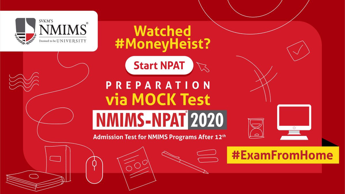 nmims_india's tweet photo. Give your streaming content a break & start preparing for the future. Get ready for NPAT with Home Proctoring #ExamFromHome.
Application closes on 10th May.
Apply now on https://t.co/DXPg3BJWq0
#NMIMS #NarseeMonjee #NPAT2020 #MPSTME #SOD #ASMSOC #SAMSOE #JDSOLA #SPPSPTM #SOBA https://t.co/KDnoyit7By