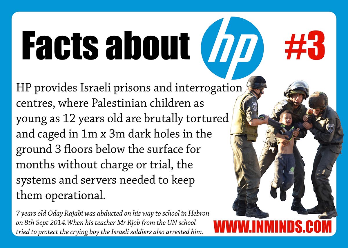 BenJamminMac5's tweet photo. @HP If you’re going to impose yourself on my twitter feed you could at least stop supplying the tech at check points, in prisons where children are being held prisoner and generally supporting an oppressive, racist regime #BDS #StopHP #israeliApartheid https://t.co/wDWsv7CWJW
