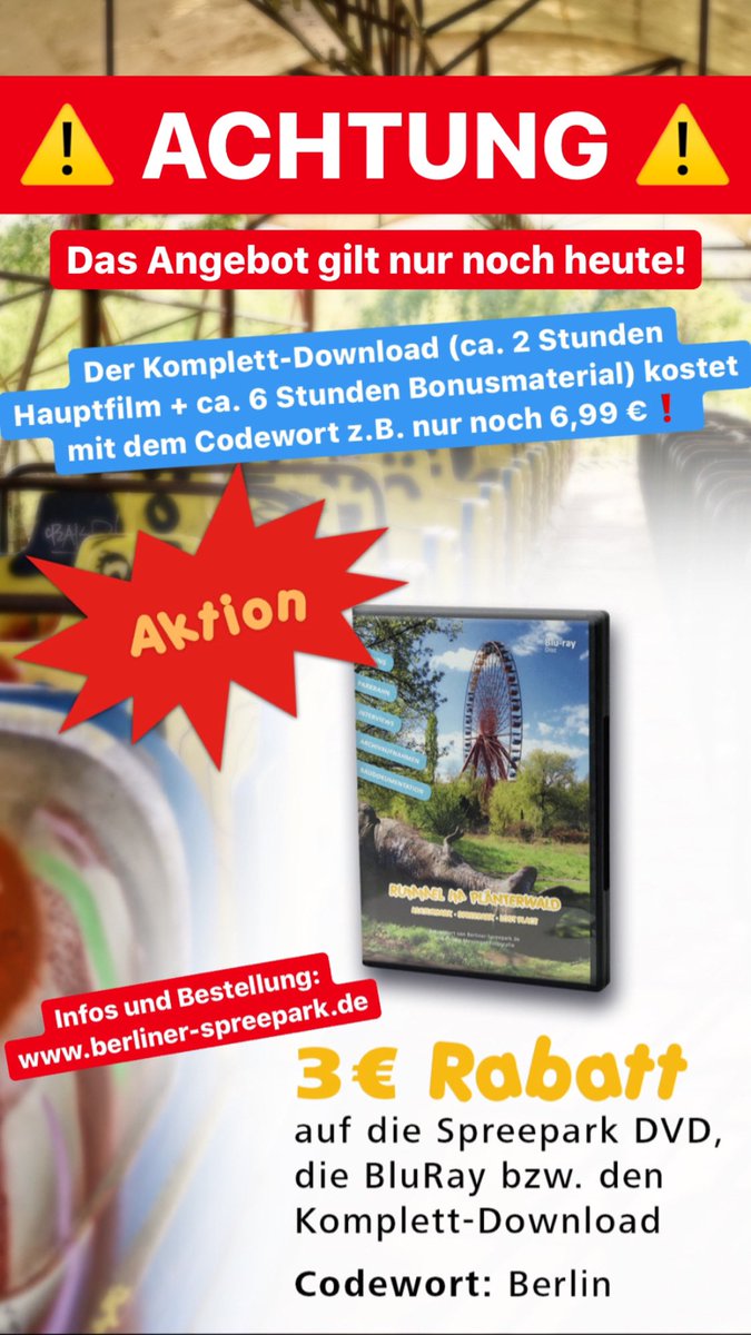 ⚠️ Nur noch heute gibt es die #Spreepark-#Doku mit diesem Gutscheincode günstiger! Infos/Bestellung: berliner-spreepark.de/fanshop/spreep… #Plänterwald #Berlin #Freizeitpark #Rummel #Kirmes #DDR #LostPlace #LostPlaces #OstBerlin #MackRides (#Europapark) #Achterbahn #Riesenrad