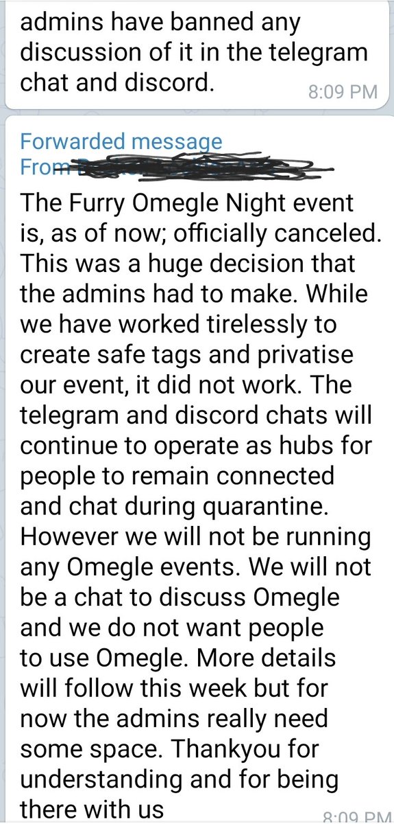 Tip: a Furry Omegle group has completely shut down on an official basis. "This won't even be a chat with anything to do with Omegle anymore." I'm told admins claimed it was deliberately targeted to defeat attempts to keep it private.