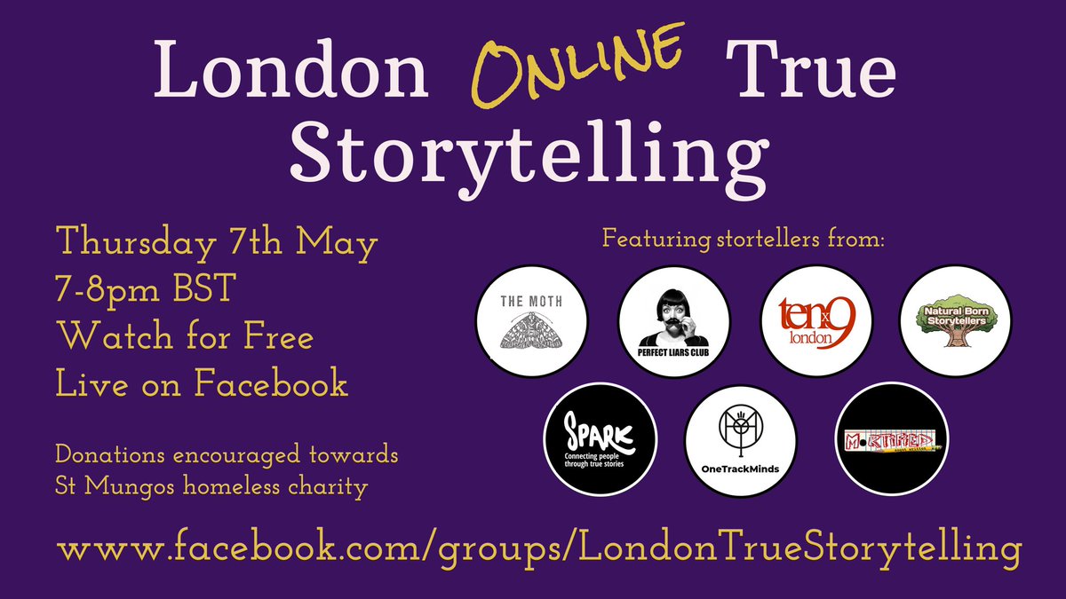 We’re locked down and we’re coming together. Mark your calendars for 7pm on Thursday 7th May because 7 of your very favourite London true story shows are coming together to bring you a spectacular story show. Sign up free here facebook.com/groups/LondonT…