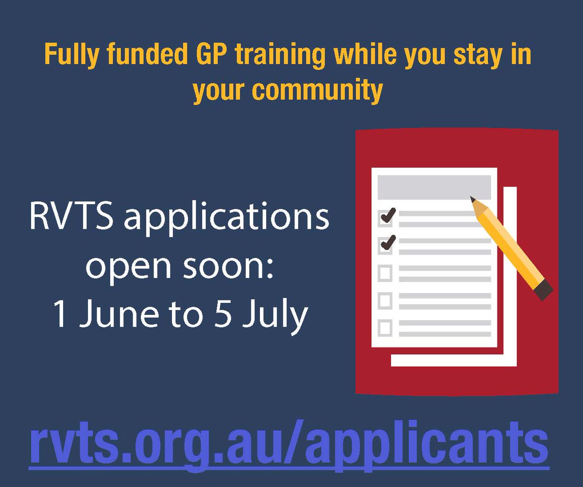 RVTS delivers fully funded GP training to doctors in eligible locations across Australia.  Applications for training to commence in 2021 open soon. Find out more at: rvts.org.au
Please help us spread the word!