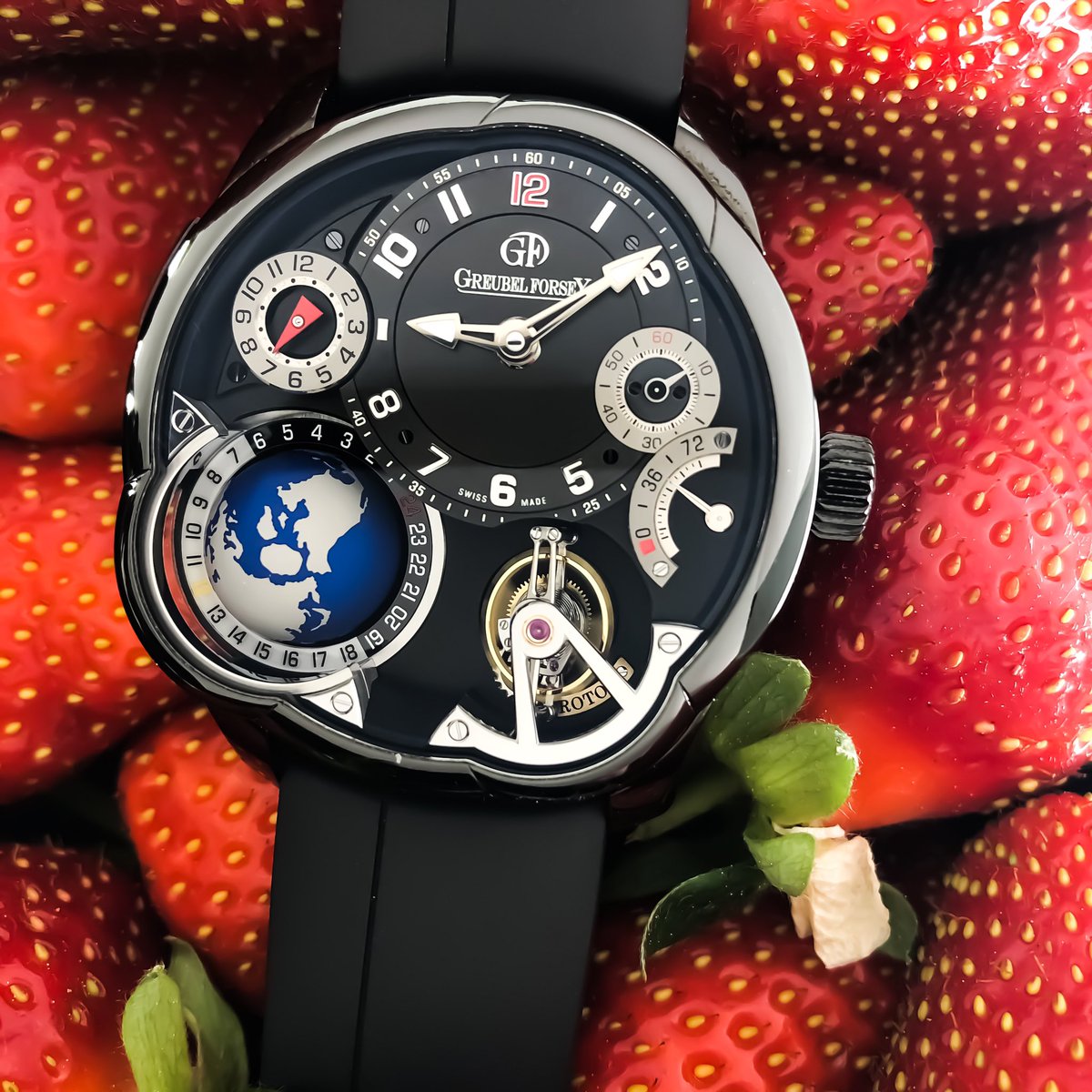 GreubelForsey's tweet photo. How will you enjoy your GMT Black this Spring?🍓😋 #GreubelForsey #Artofinvention #Finewatchmaking #Craftmanship #HauteHorlogerie #Tourbillon24Secondes #GMTBlack https://t.co/kQ4R9FLz7t