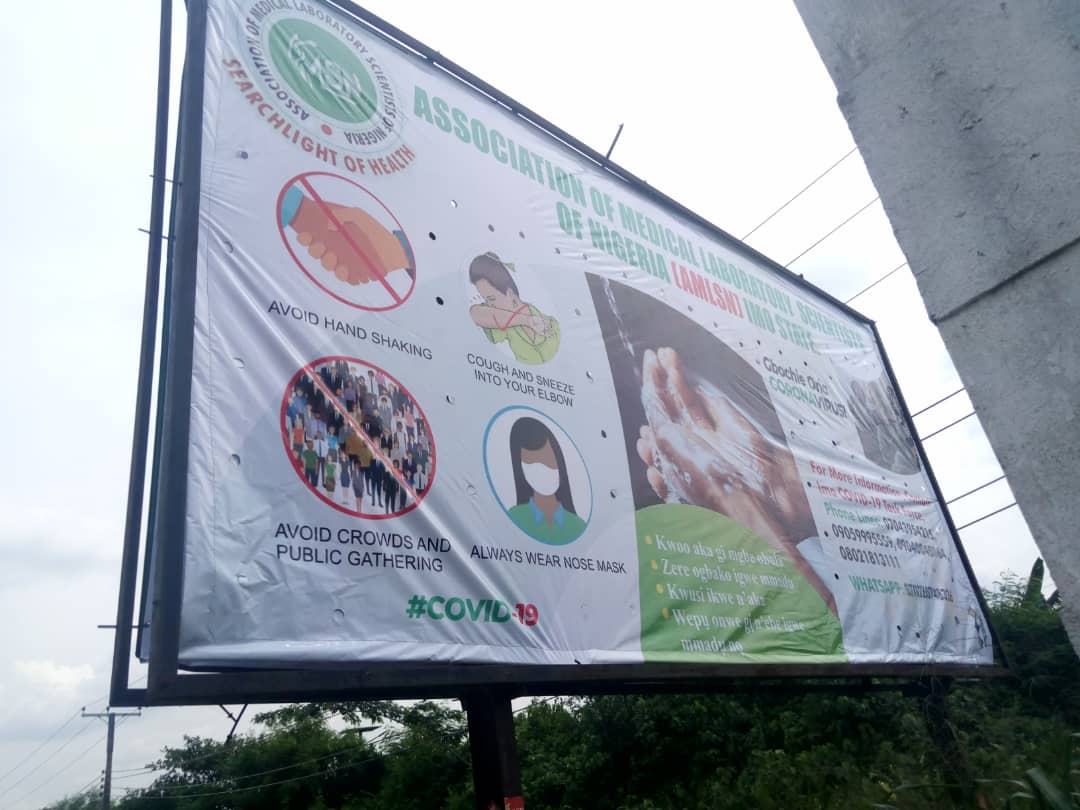 YmlsfS's tweet photo. Imo State Association of Medical Laboratory Scientists of Nigeria(AMLSN) contributes their quota by educating the public on COVID-19 pandemic. Mounts bill boards at strategic points in the state. https://t.co/6qrg2vzPA1
