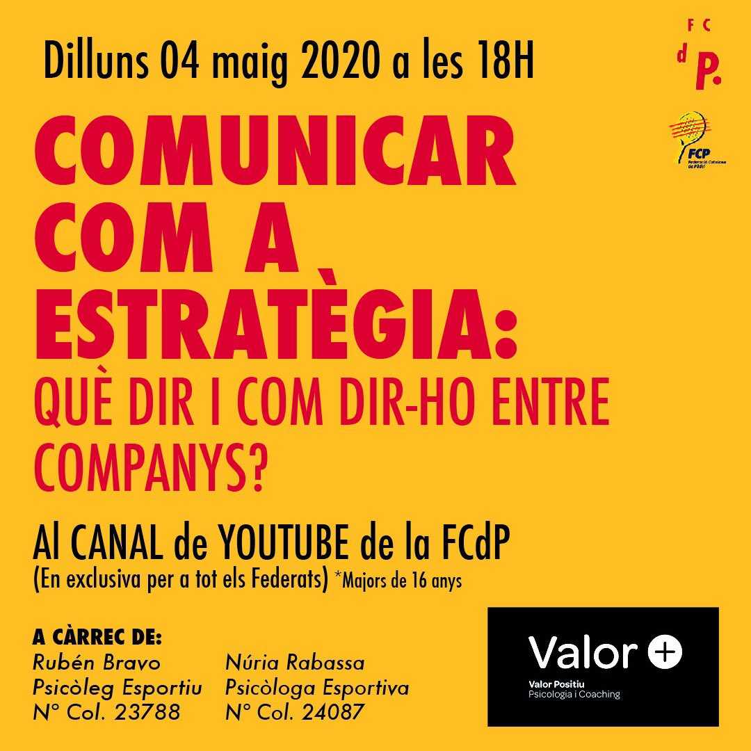 FCatalanaPadel's tweet photo. 🆕 Si ets federat/da demà teniu una iniciativa en EXCLUSIVA per vosaltres.

A partir de les 18h al nostre canal de Youtube (en privat) accediràs a la xerrada 
“COMUNICAR COM A ESTRATÈGIA” a càrrec de @Valor_Positiu 

Al vostre correu electrònic teniu el formulari d’inscripció. https://t.co/s8Aof595zq
