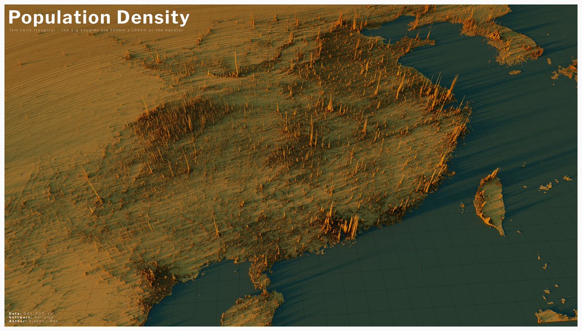 here are a couple of population density vistas centred on China, although you can see all the way from Hanoi in the bottom left to Seoul in the top right of the first one