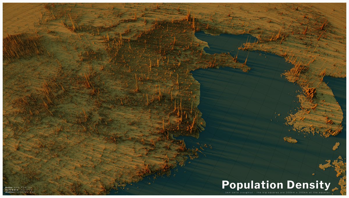 here are a couple of population density vistas centred on China, although you can see all the way from Hanoi in the bottom left to Seoul in the top right of the first one