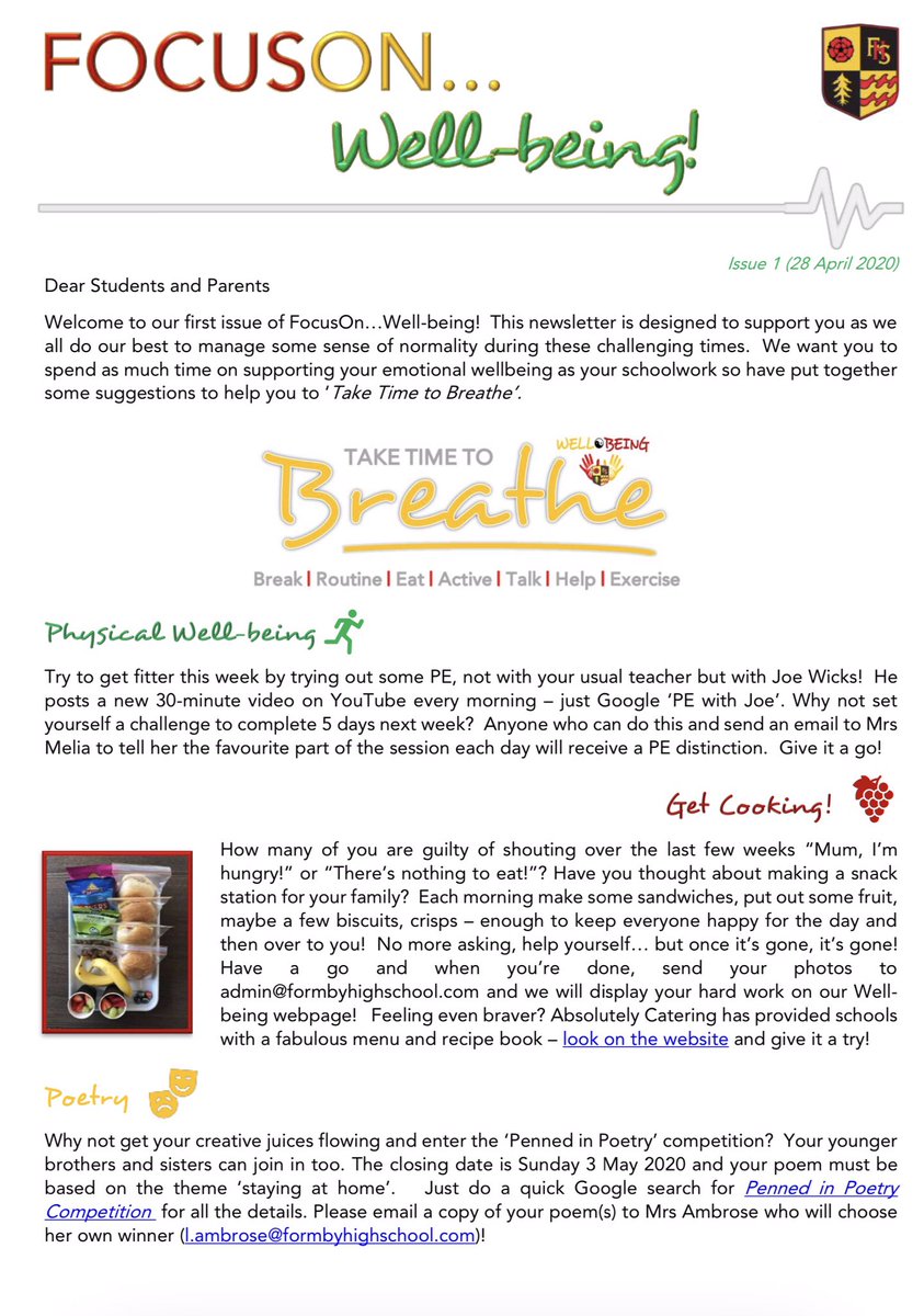 FormbyHigh's tweet photo. Happy Sunday folks! Please take 5 mins out of the day to read our latest ‘Focus on Well-being’ newsletter! Take care and keep safe. https://t.co/IOxyi51m7T