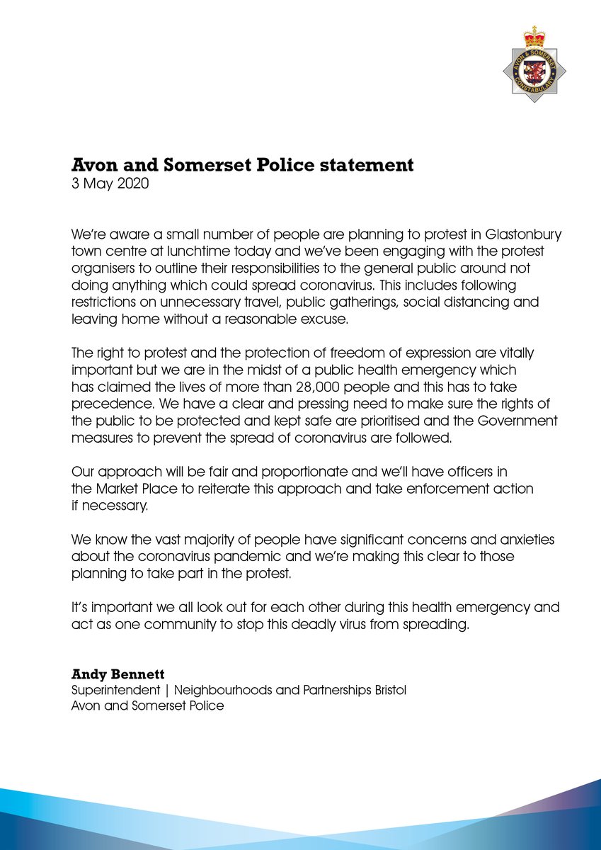 ASPolice's tweet image. We're aware that a small protest may take place in #Glastonbury later today. We want to assure residents that our clear and pressing duty is to prioritise public safety and make sure Government measures to stop the spread of coronavirus are followed. Our full statement is below.