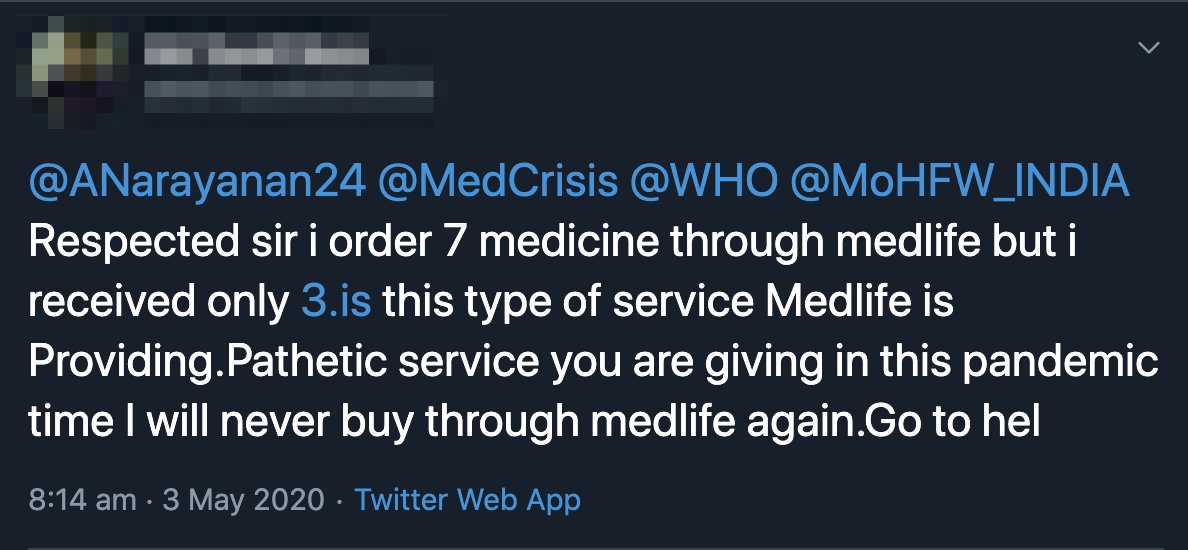 MedCrisis's tweet photo. Medlife is an online Indian pharmaceutical company. I'm not sure they're any good (which would at least suggest some consistency across users of the name) as I get irate complaints on a daily basis #gotohel https://t.co/YxuSjDvgUp