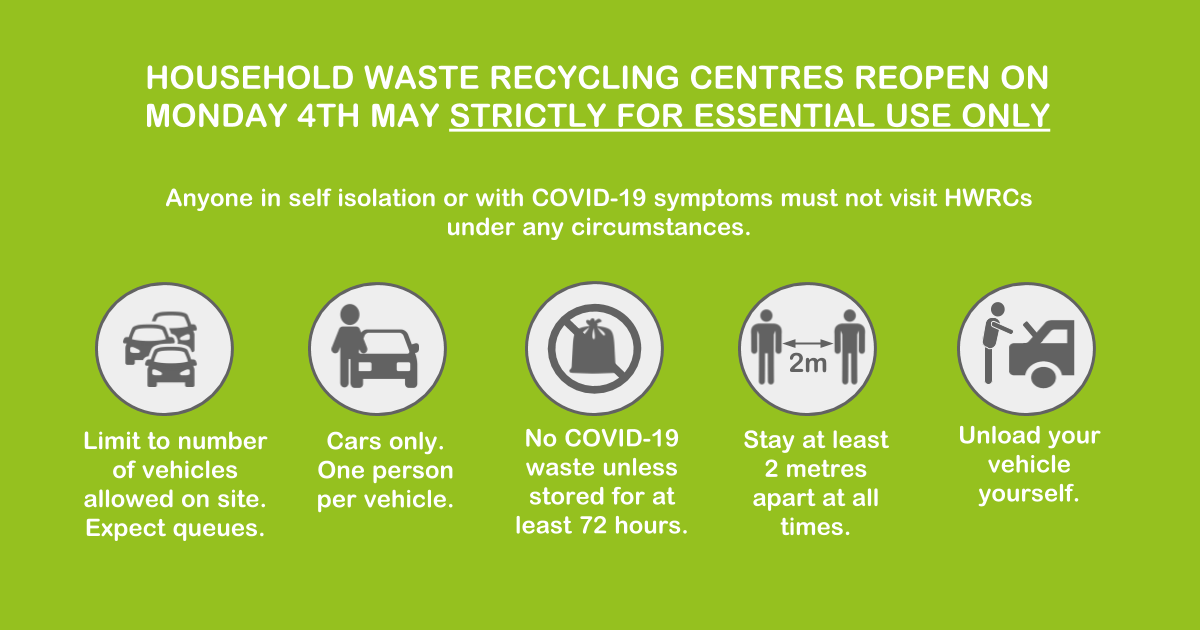 KnowsleyCouncil's tweet photo. From Monday 4 May Knowsley's Recycling Centres at Huyton and Kirkby will reopen. There will be restrictions in place – please see https://t.co/EiLfp0bJEM for more information.  Please only make an essential journey if you can’t store waste safely at home. #StayHome https://t.co/fiAlFsSI3T