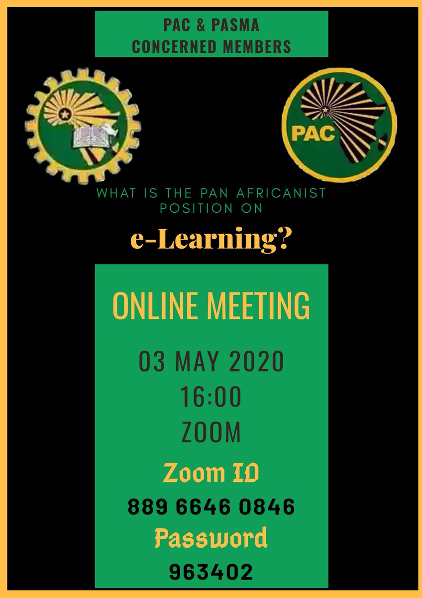 Topic: DHET and DBE Education Crisis - Saving the academic year?
Time: May 3, 2020 04:00 PM Johannesburg

Join Zoom Meeting
us02web.zoom.us/j/88966460846?…

Meeting ID: 889 6646 0846
Password: 963402