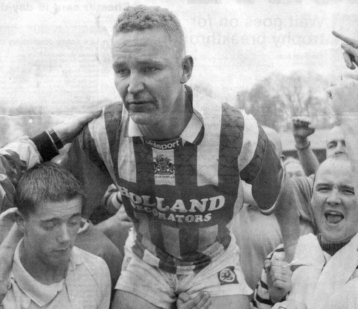 23 years ago. Halifax Town's Mick Norbury after his hat-trick ensured the club avoided relegation with a 4-2 victory against Stevenage 03/05/1997. Photo courtesy Halifax Courier.