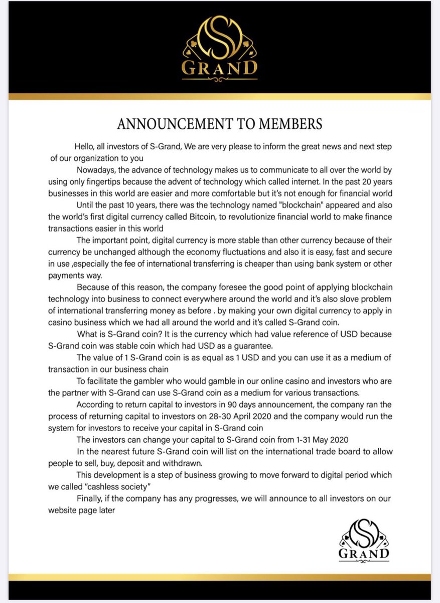 Agkarajit's tweet photo. S Club again postponed its obligations to return capital funds and dividends to members on April 25th as promised. Now, they want members to take their coins usable only in their facilities. Complaints has been filed in San Sai and case under investigation. #SClub #SGrandClub https://t.co/h2PHHzpeE9