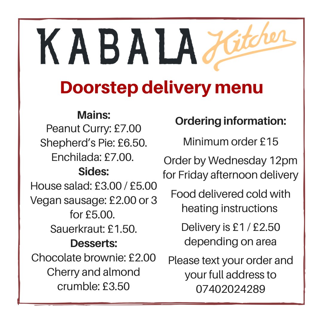 KabalaKitchen's tweet photo. Ordering for this week’s Doorstep Delivery is now open! We had such a great amount of interest last week and lots of positive feedback, so we’re giving it a go for another week. Please order before 12pm Wednesday! Link to the full menu in our bio 😎😎 @Bristol_Markets #vegan https://t.co/5CLWIz6ecK