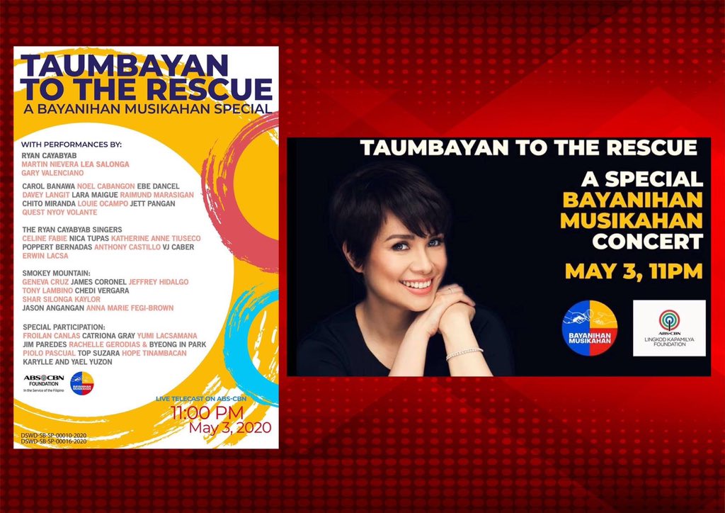 OfficialFamiLEA's tweet photo. #BayanihanMusikahan, together with the ABS-CBN Lingkod Kapamilya Foundation, presents #TaumbayanToTheRescue: A Special Bayanihan Musikahan concert to ABS-CBN!

Catch the televised special TONIGHT, May 3, 2020, at 11 PM. https://t.co/Ys3Ac7RpMg