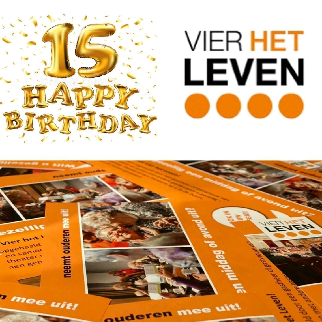 Vandaag is het 15 jaar geleden dat <a href="/VierhetLeven/">Vier het Leven</a> werd opgericht. 
We hebben in die jaren meer dan 200.000 ouderen blij gemaakt met prachtige cultuur. Samenwerkingspartners, vrijwilligers en met name onze gasten, heel erg bedankt!Zonder u geen Vier het Leven. #4hetleven