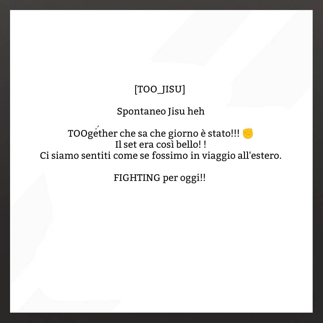 Too_italia's tweet photo. 🌏Traduzione post fcf di Jisu🌏
.
.
#Mnet #VLIVE #WorldKlass #TOO #TenOrientedOrchestra #Korea  #kpop #Jaeyun #Chihoon #CHAN #DONGGEON #KYUNGHO #WOONGGI #MINSU #JISU #JEYOU #JYOU #JEROME #MAGNOLIA #TOODEBUT https://t.co/tj6HVXEVKs