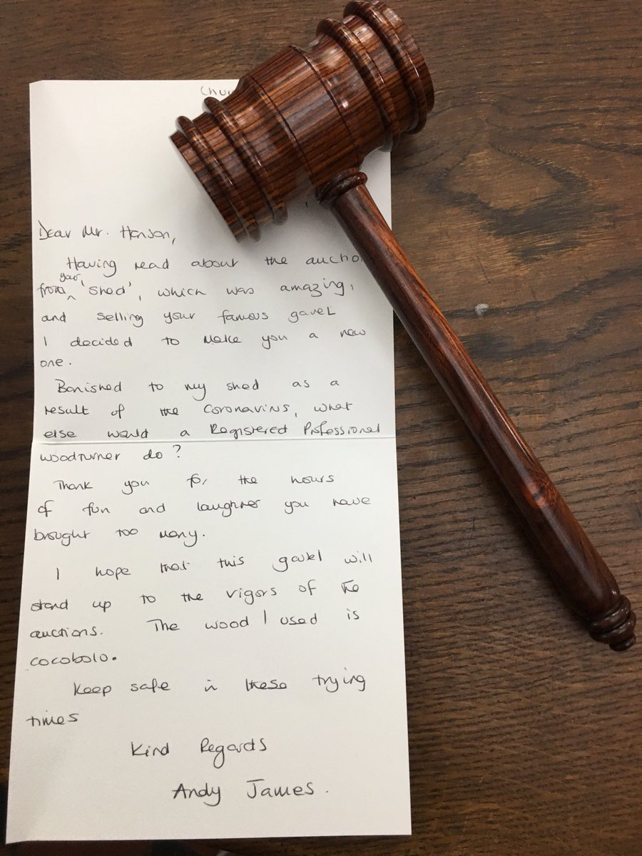HansonsAuctions's tweet photo. Whilst opening some dreary post, what a surprise to open a parcel containing this huge gavel made of cocobolo wood.i gave mine away for our NHS shed auction for our common cause.This is a sign we will all come back bigger and better TOGETHER on the back of sharing a common fight https://t.co/kEqn2vU9TY