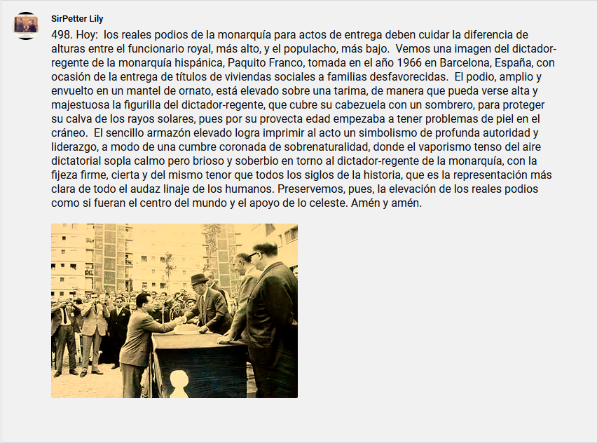 SirPeterLily's tweet photo. 498. Hoy:  los reales podios de la monarquía para actos de entrega deben cuidar la diferencia de alturas entre el funcionario royal, más alto, y el populacho, más bajo. https://t.co/iLwbmubAdR