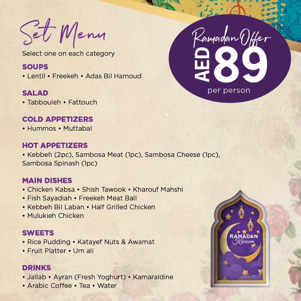 AzkadenyaUAE's tweet photo. Why settle for anything less when you can have all our favorites for only AED 89?!  This Ramadan, have as much as you want without breaking the bank! Come and visit your nearest branch. Available on Dine-in Only.

#Azkadenya #Ramadan #RamadanKareem #Iftar #Offer #ArabicCuisine https://t.co/ZUuO2tCQIC