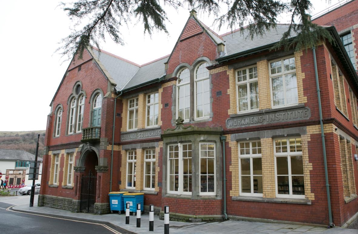 2.14/ Celynen Workingmen’s Institute and Memorial Hall. Early 1900s complex of buildings paid for by miners subscription. Unsustainable after miners strike, council looked to replace it with a carpark. Campaign begun to save it. Now restored as an arts and entertainment venue.