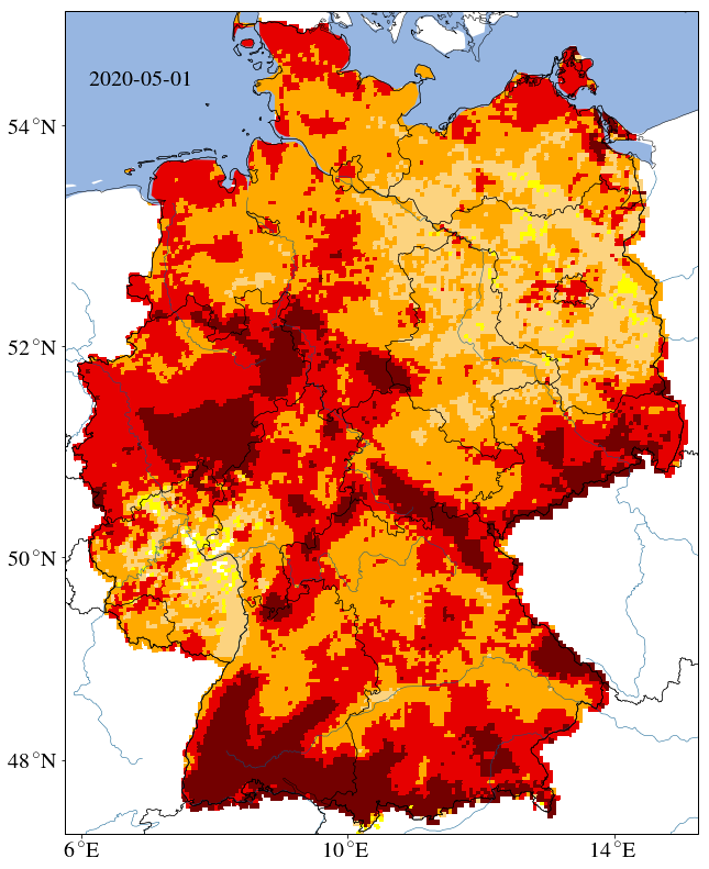Die aktuelle Karte der #Trockenheit nach dem #Dürremonitor. Offenbar hat die #Schauerwetterlage der vergangenen Tage gegen die #Trockenheit wie erwartet kaum etwas ausrichten können. Zu sehen ist die #Trockenheit in den ersten 25 cm #Bodentiefe. 
Quelle: ufz.de/index.php?de=3…