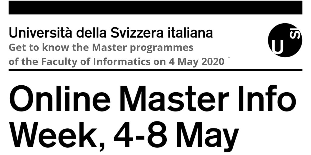 USI_INF's tweet photo. 📢 The @USI_university #MasterMeetings go online 🎧 👩‍💻👨‍💻 &amp; we have a packed programme for you right at the start of the brand new #MasterInfoWeek (4-8 May 2020)

#JoinUs tomorrow starting at 10:00!
ℹ️✍️ https://t.co/q5Mlaw0kLC

#OpenDays #Master #GetToKnowUs #TeamInfo #USILife https://t.co/YR72MBxA4P