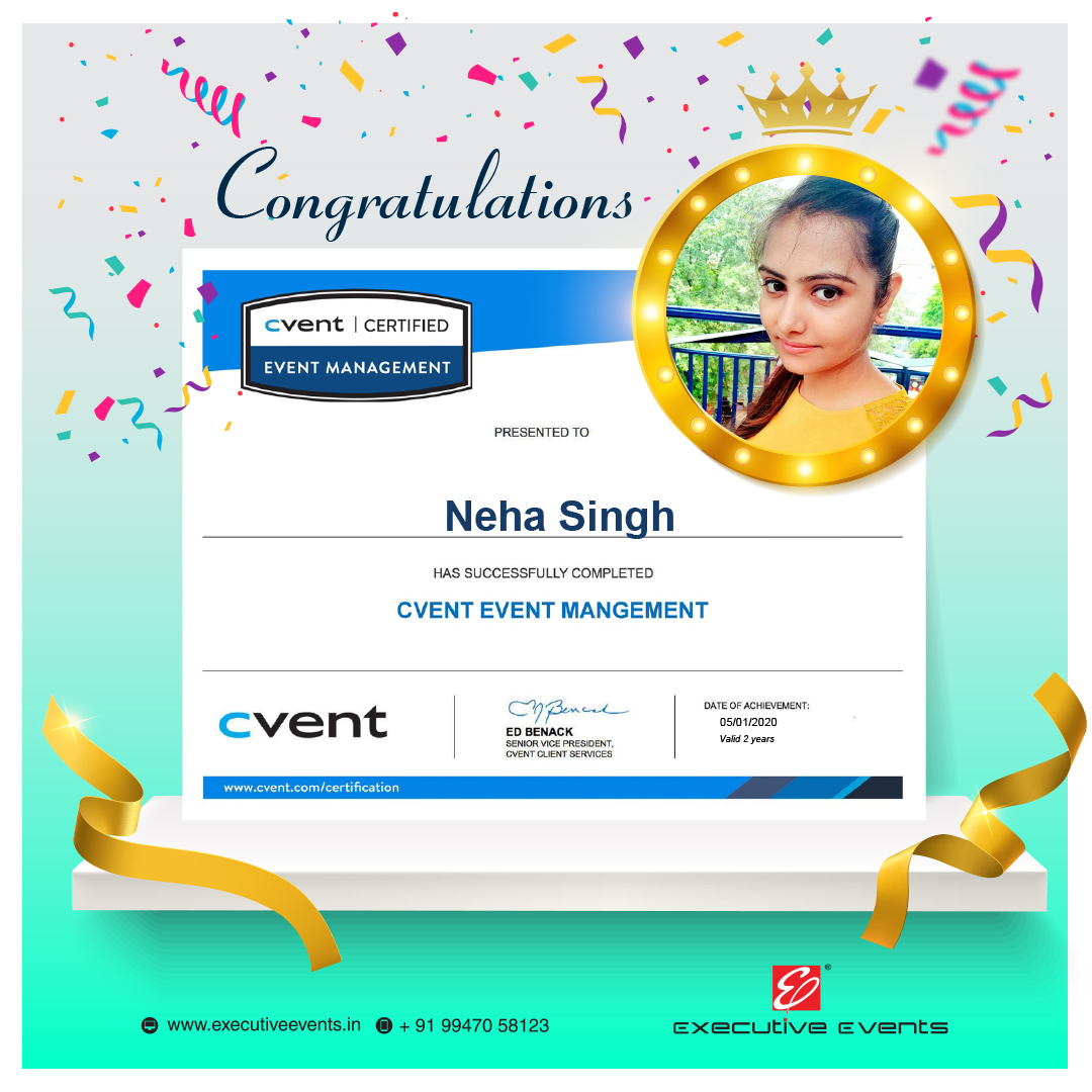 ExecutiveEve1's tweet photo. Executive Events congratulates Ms. Neha Singh on completing training and grabbing the 'Event Management' certification by Cvent.

Cvent is a US based event management software.
The rest of the team on the way!

#Cvent #Certification #EventManagement #CventEventManagement https://t.co/q4qt7UsZyY