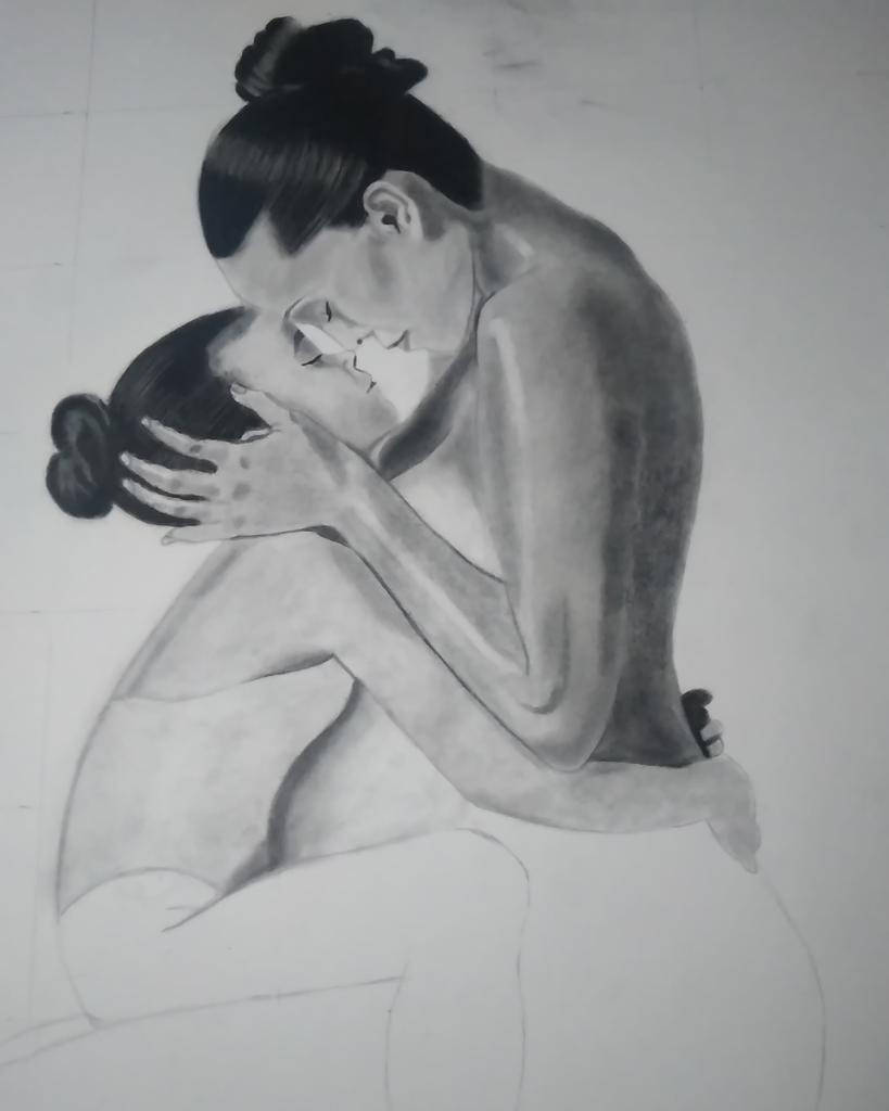 Funmilion1's tweet photo. We long to embrace our loved ones but this pandemic has prevented this. There is a hope of embrace when all this is over.

Graphite and charcoal 
strathmore paper
11" by 14" https://t.co/BPNApPuNXP
