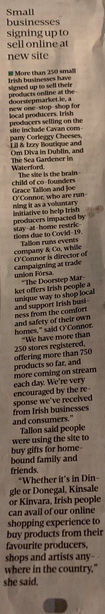Great to feature in today’s <a href="/sundaybusiness/">Fred</a>. 

You can treat yourself or someone else this bank holiday Sunday to one of more than 750 products from small independent Irish businesses, at thedoorstepmarket.ie 

#StayHomeShopLocal #BuyAPaper