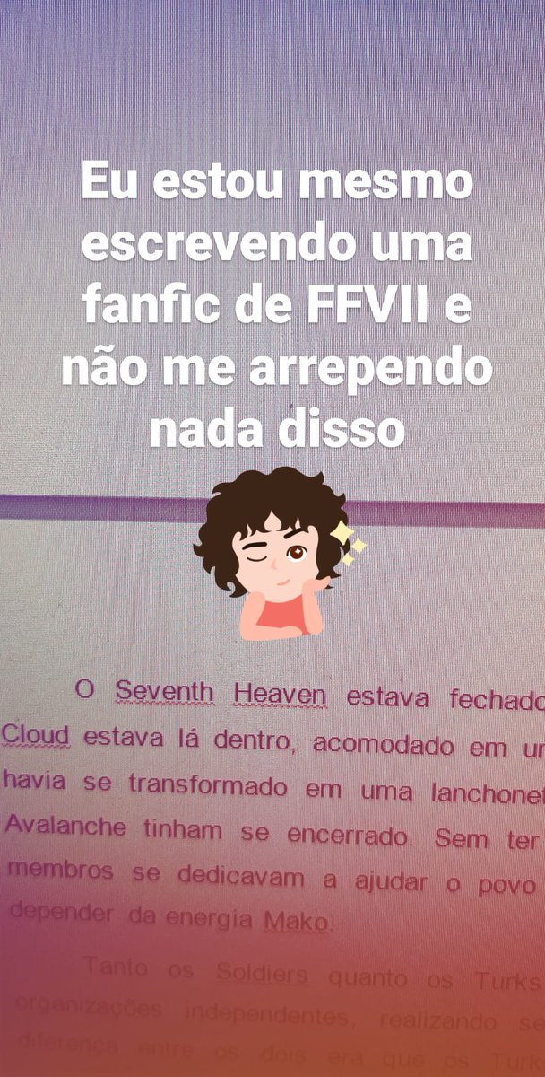 lizzyangelis's tweet photo. É oficial, minha mais nova fanfic será mesmo de FFVII pq simplesmente me deu na telha.
(Não tem NADA a ver com o fato de eu estar viciada no jogo, imagina!)
#FFVII #fanfic #ffviifanfic #FFVIIRemake #FFVIIR #finalfantasybr #finalfantasy https://t.co/S40R8SX38M