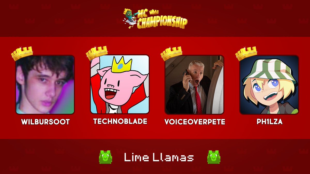 MCChampionship_'s tweet photo. 👑 Announcing Team Lime Llamas! 👑

@WilburSoot @Technothepig @VoiceoverPete @Ph1LzA

Watch them compete in the MC Championship on Saturday 16th May 8pm BST!

https://t.co/RtzyjRhWOm https://t.co/fy622qqrxS