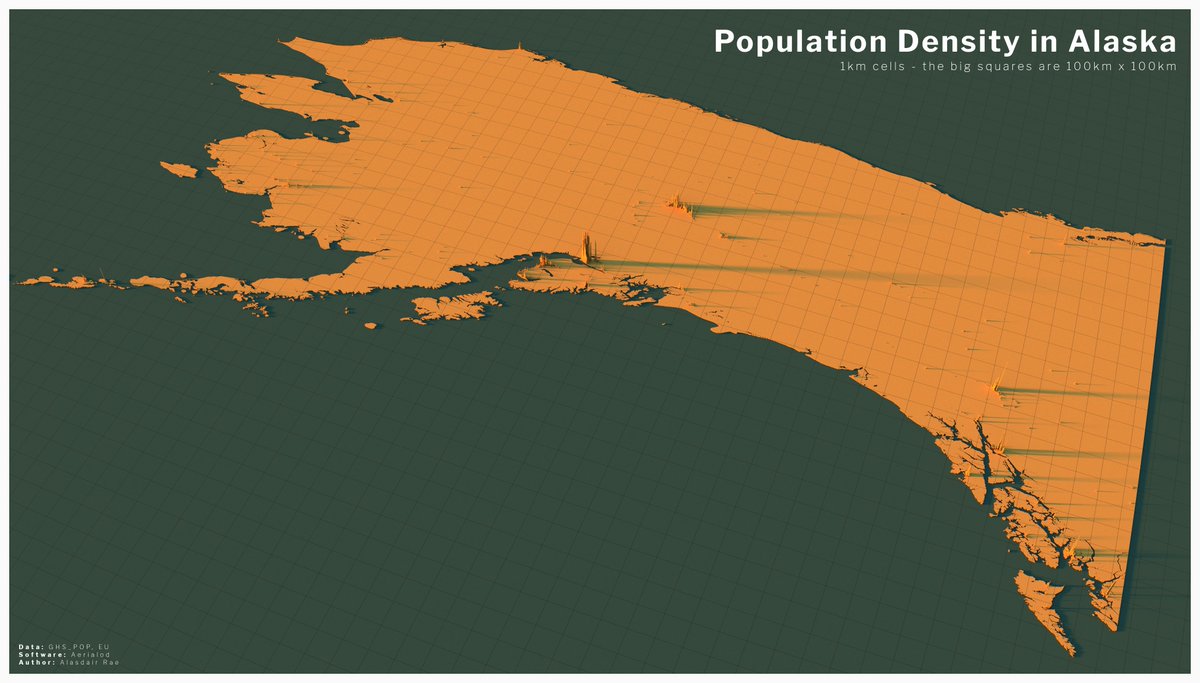 okay, time for some Alaskan population density (with a bit of BC, Yukon and Northwest Territories so I could fit in the panhandle)Projection means the shape looks a bit more distorted than I'd like but I think the pattern for Fairbnanks in particular is really interesting.
