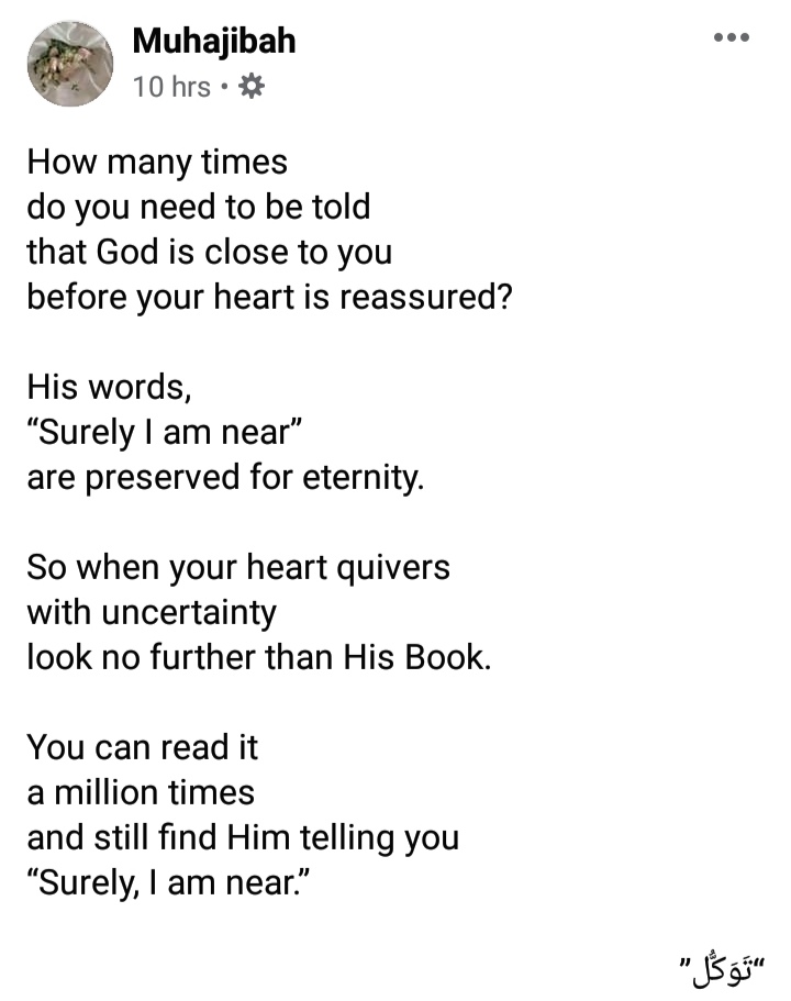 DrIzza4's tweet photo. The tawakkul that He is closer to us than our jugular veins and that He loves us more than seventy mothers! 🌸

#Ramadan2020 https://t.co/I0LsLHUkeW