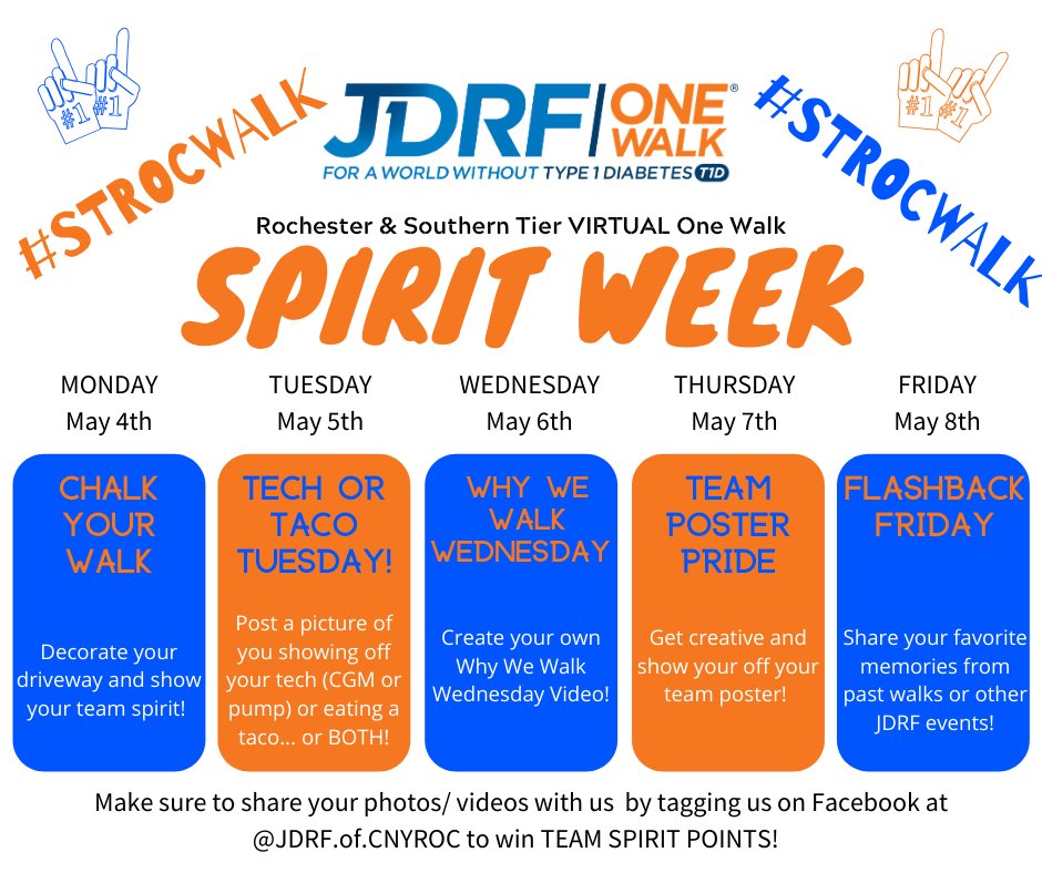 This week is Spirit Week! Your team can earn points for every post where you tag our page. The winning team will get a $100 Gift Card to Tops! Don't forget to register your team for our Virtual Walk on June 6 at walk.jdrf.org! #strocwalk #spiritweek #jdrf