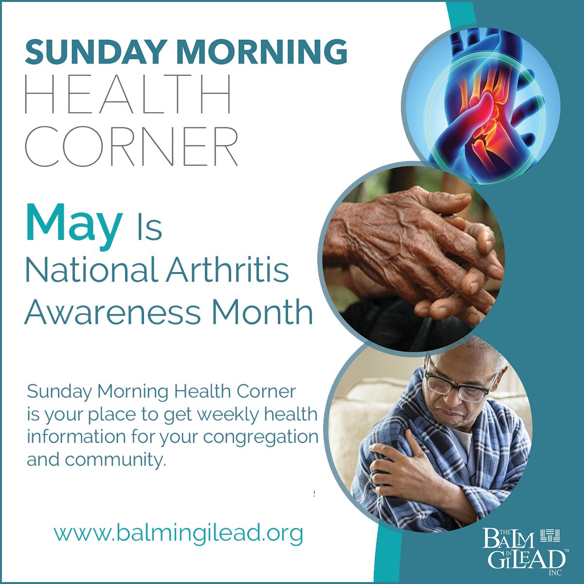 HC2020's tweet photo. May is National #ArthritisAwarenessMonth, so this week's Sunday Morning Health Corner bulletin spells out the symptoms of Arthritis for your congregation. Download it here: https://t.co/PdNnDsIy1H #publichealth #faith #ministry https://t.co/nNlFW3ZCJI