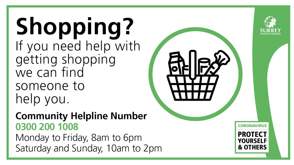 If you’ve got shopping to do and can’t get out, we can arrange for someone to help you. Call the Community Helpline on 0300 200 1008. Find out more here: ow.ly/esrN50zu4H1 

#SurreyTogether #surreycommunityhelpline #surreyhelp #hereforyou
