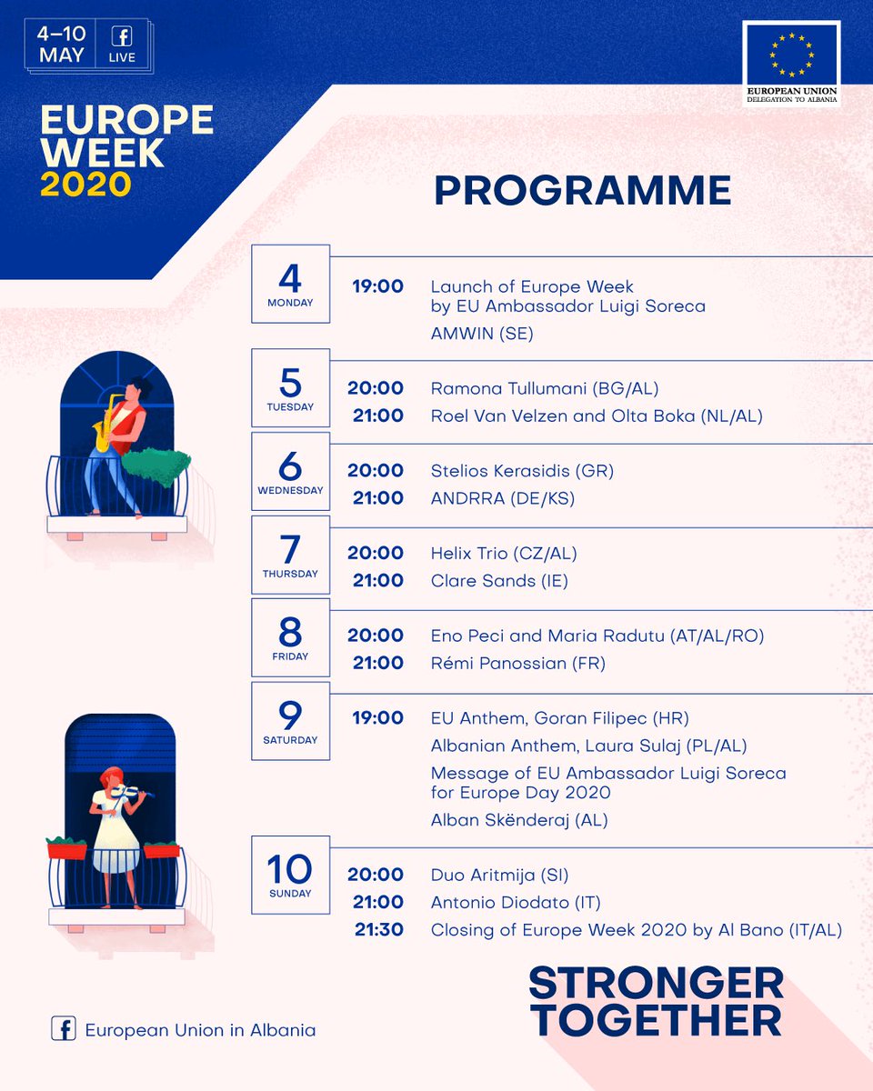 LSorecaEU's tweet photo. #EuropeWeekAlbania starts tomorrow! 
#AlBano, #AlbanSkënderaj, #Diodato, and many more artists from🇪🇺countries &amp;🇦🇱have prepared exclusive performances from their home to yours! 
Download the full programme 👉https://t.co/0YR6xfD6Pm. 
Follow @EUinAlbania Facebook page to enjoy it! https://t.co/Mb3Msft1oS
