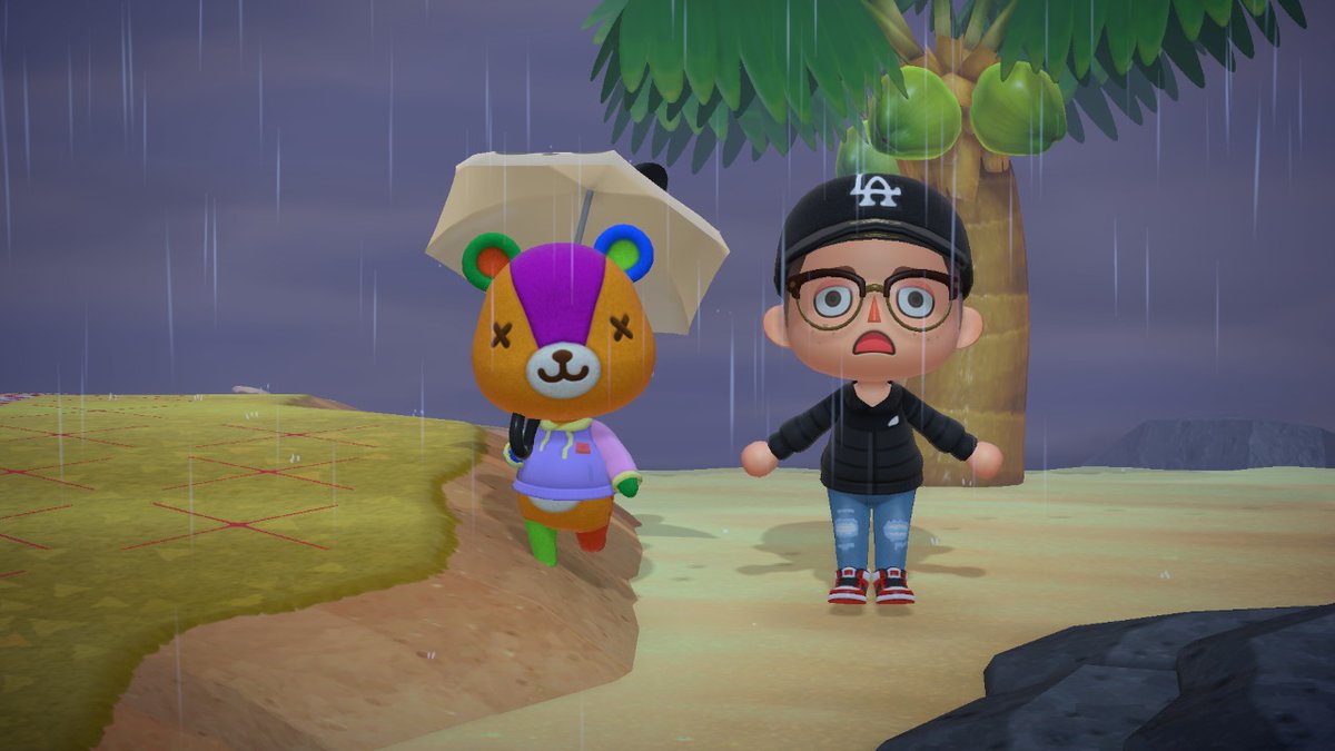 Nintendorfer's tweet photo. Stitches repping his @teddyfresh merch in the rain #AnimalCrossing #ACNH #NintendoSwitch https://t.co/fjIJx1LB0V