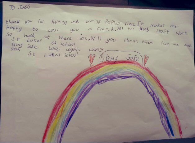 The lovely pictures &amp; messages we get are so greatly appreciated. A massive thank you to Logan Lavery age 6, from St Luke’s school for this lovely messsge he has sent us,it will go on our door with pride, thank you from all the team Logan 🌈 🦴♥️#NHSheroes #StayHomeSaveLives