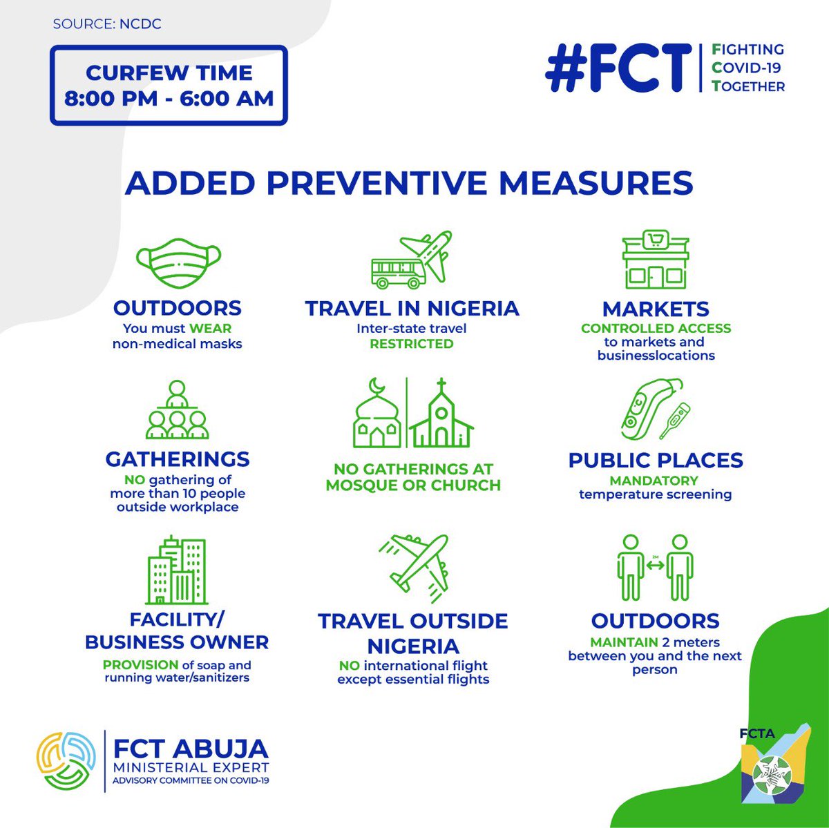 FCT_Abj's tweet photo. @OfficialFCTA preventive measures as FCT residence begins partial lock down tomorrow. https://t.co/fDQIPg3Wkk
